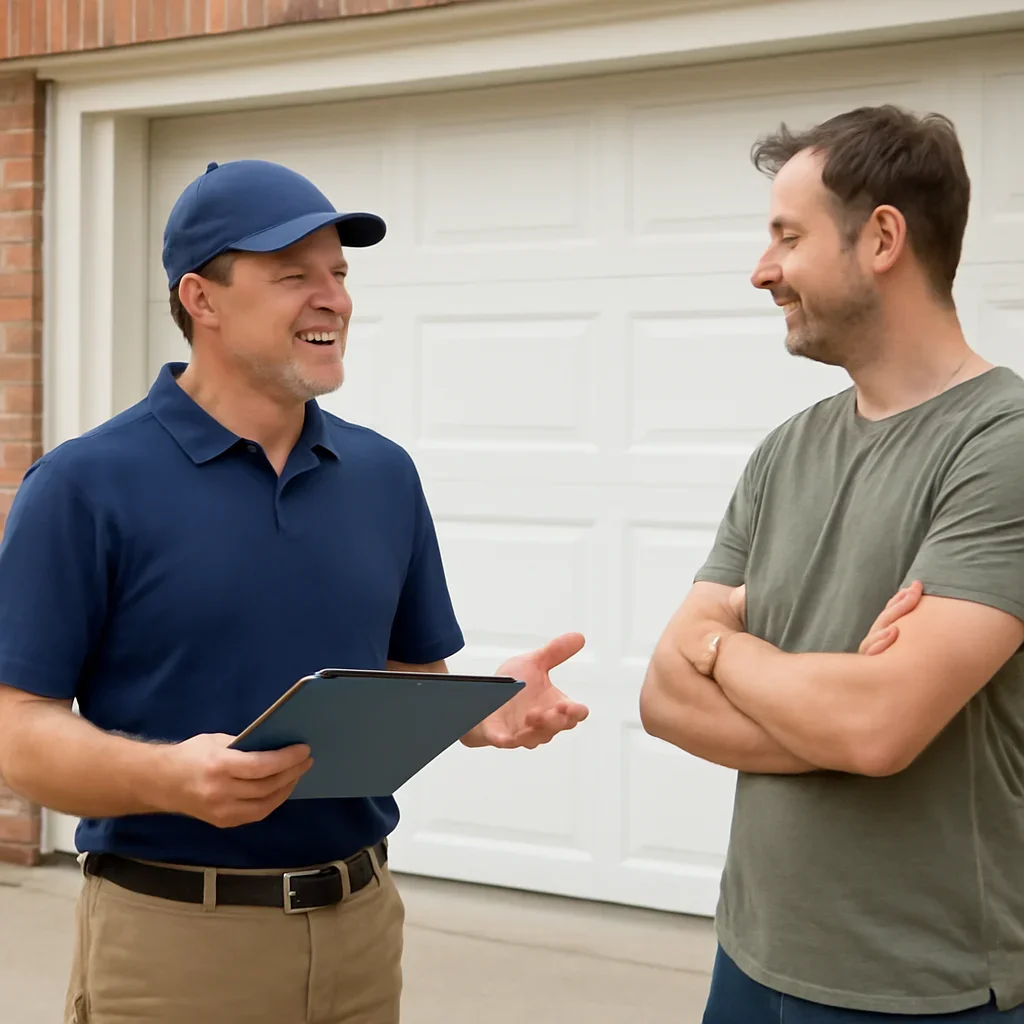 Homeowner discussing garage door service options