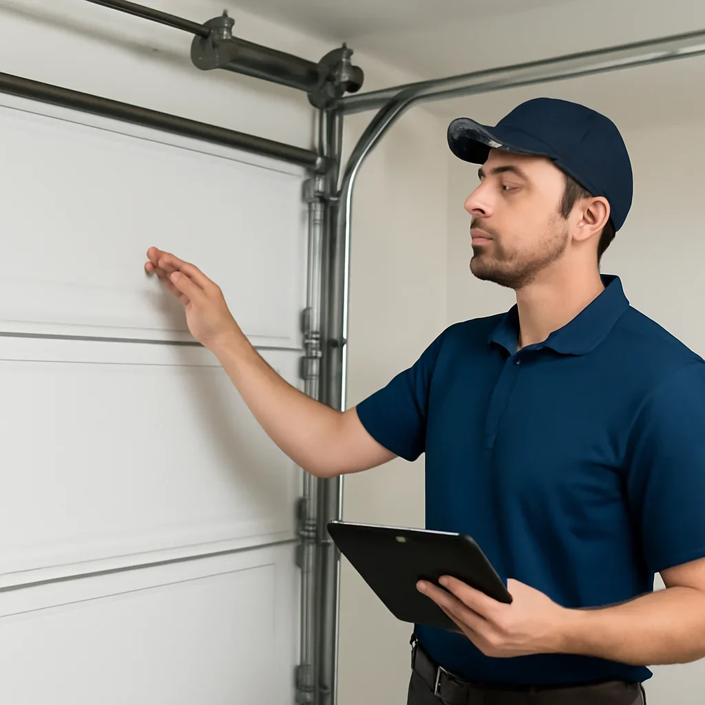 Garage door hardware and opener components being inspected