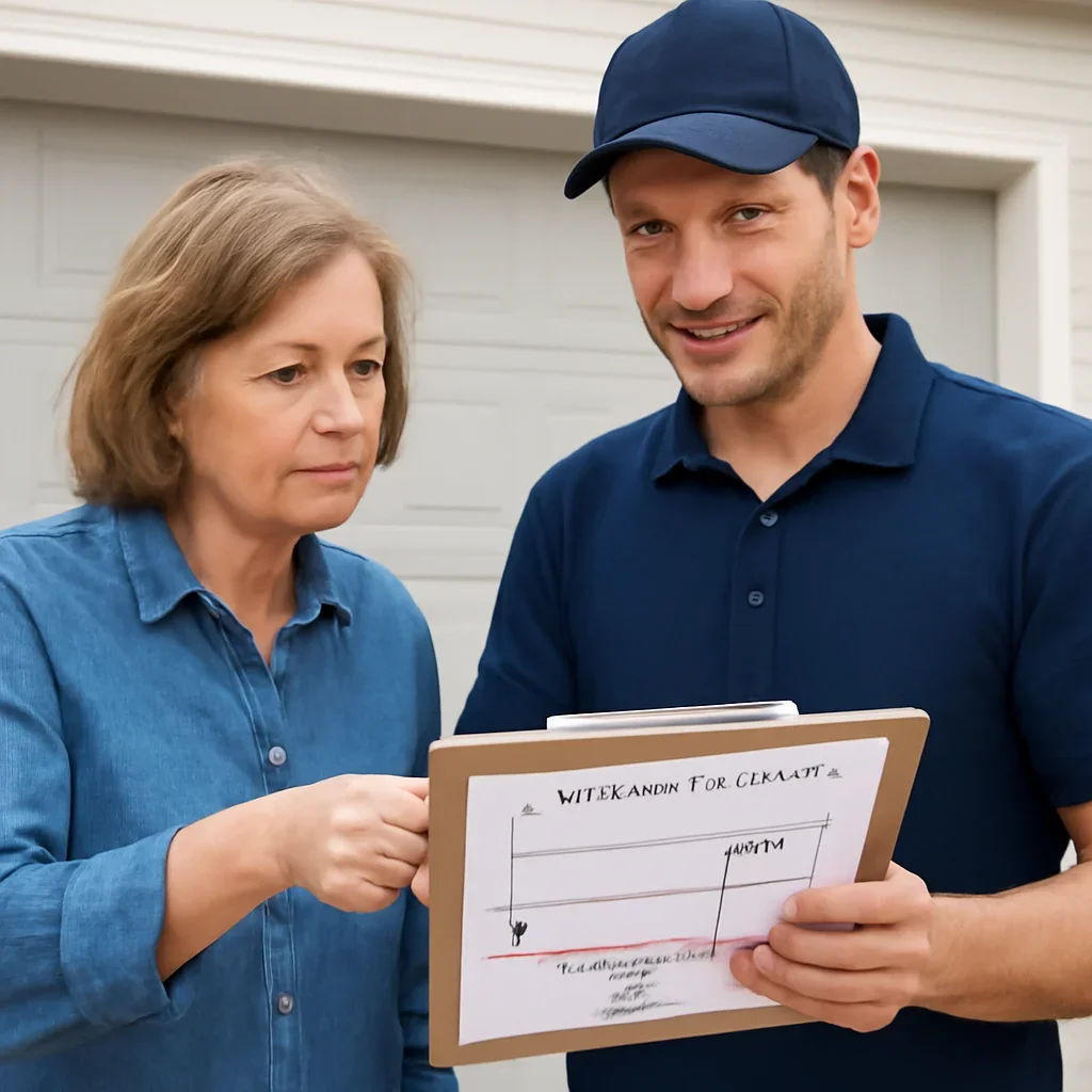 Homeowner reviewing the next step for a garage door repair or upgrade project
