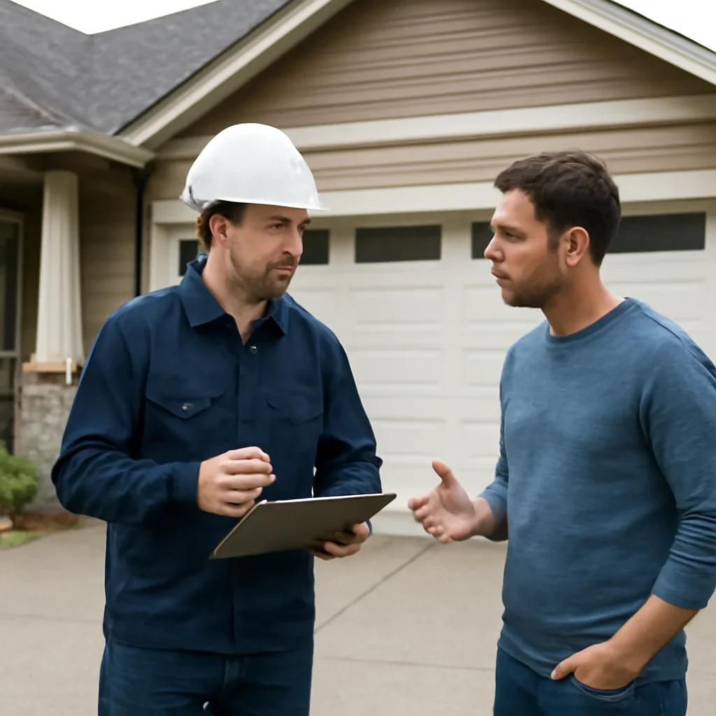 Commercial property representative discussing overhead door repair scope in British Columbia