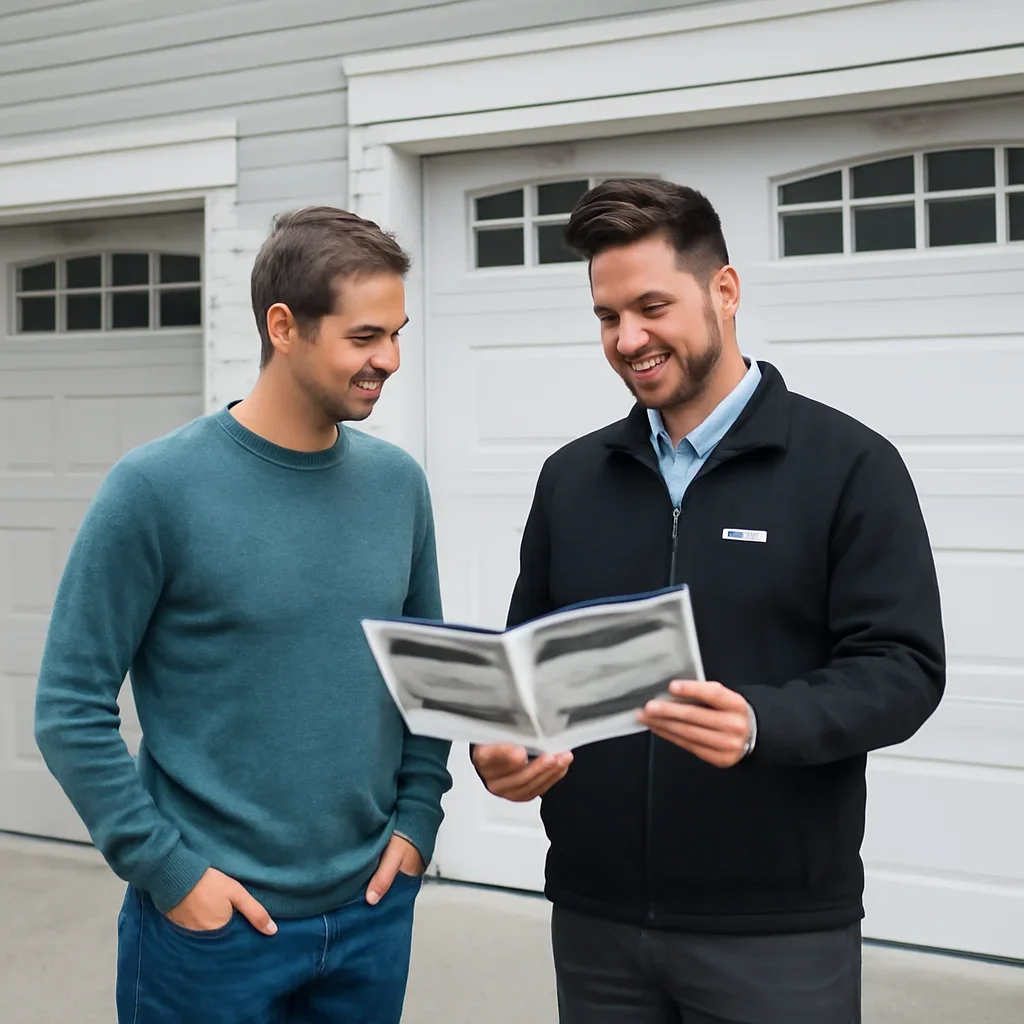 Homeowner comparing chain and belt garage door opener options in British Columbia