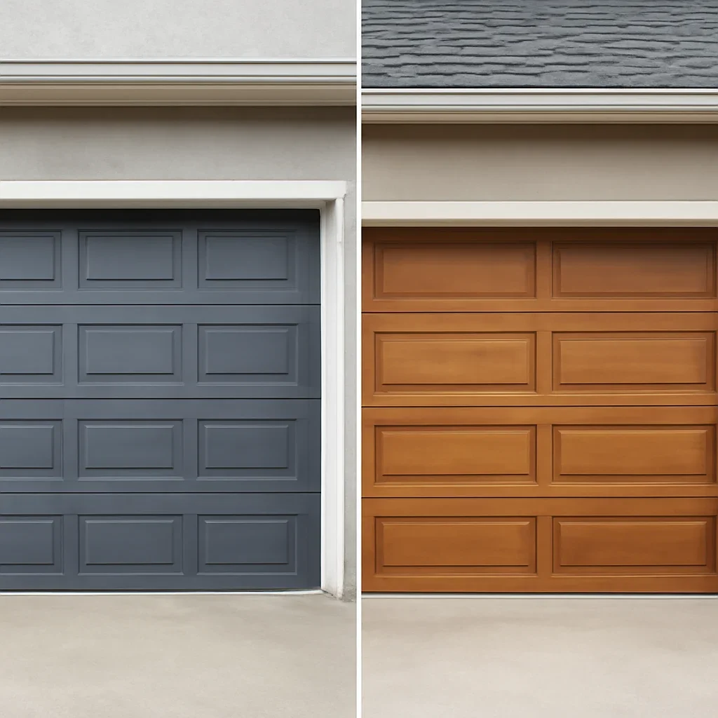 Visual comparison of steel and wood garage door materials
