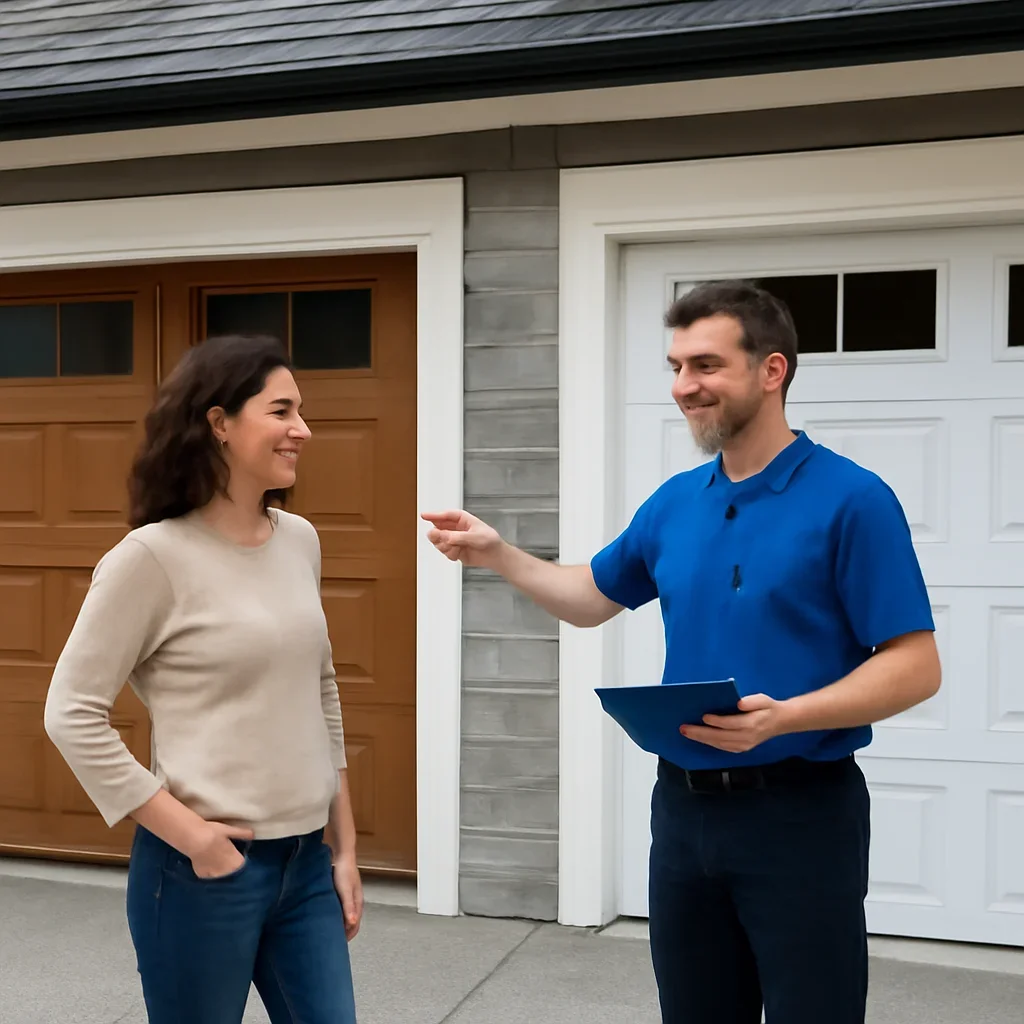 Homeowner comparing steel and wood garage door options in British Columbia