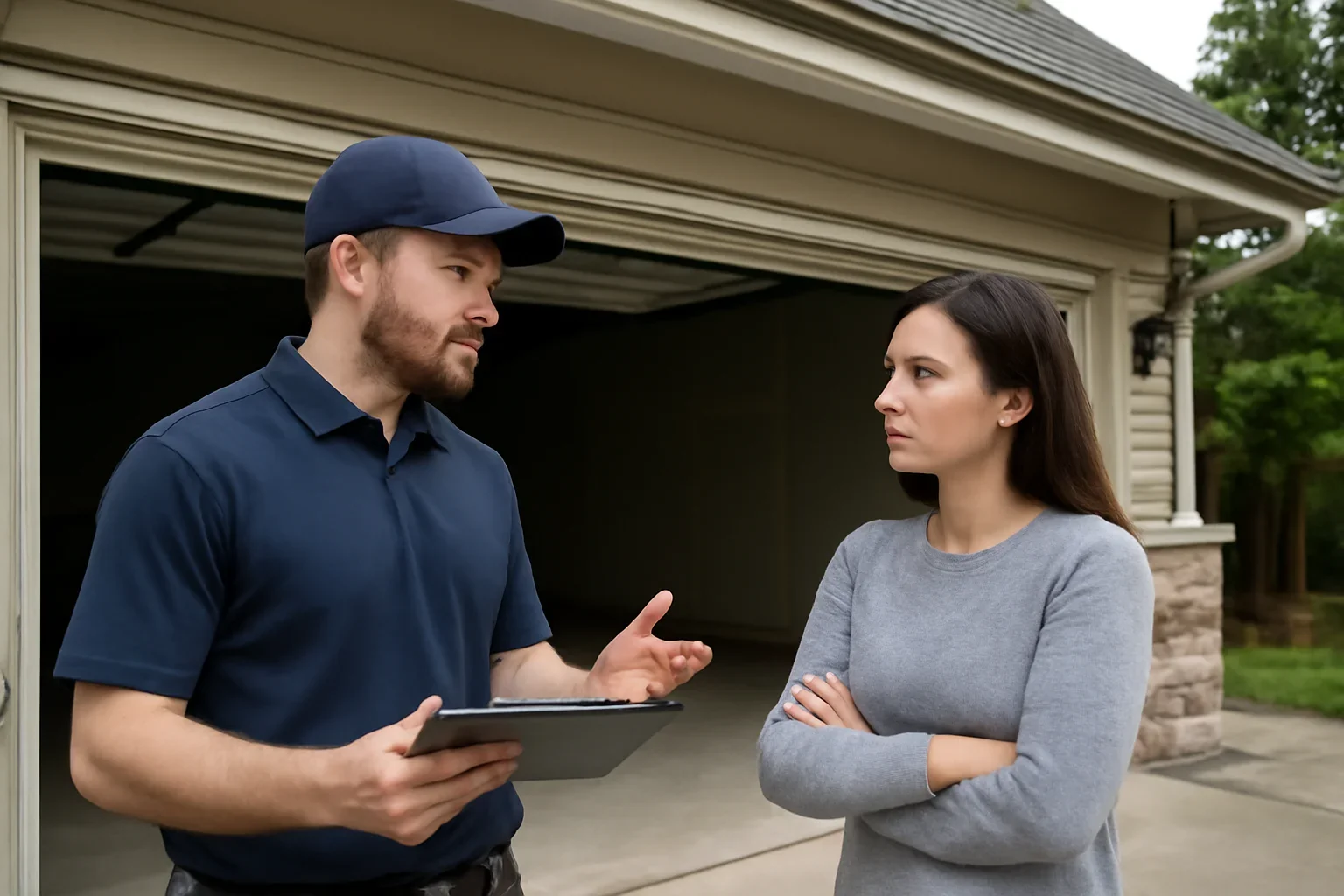 Emergency garage door repair consultation at a residential garage in British Columbia