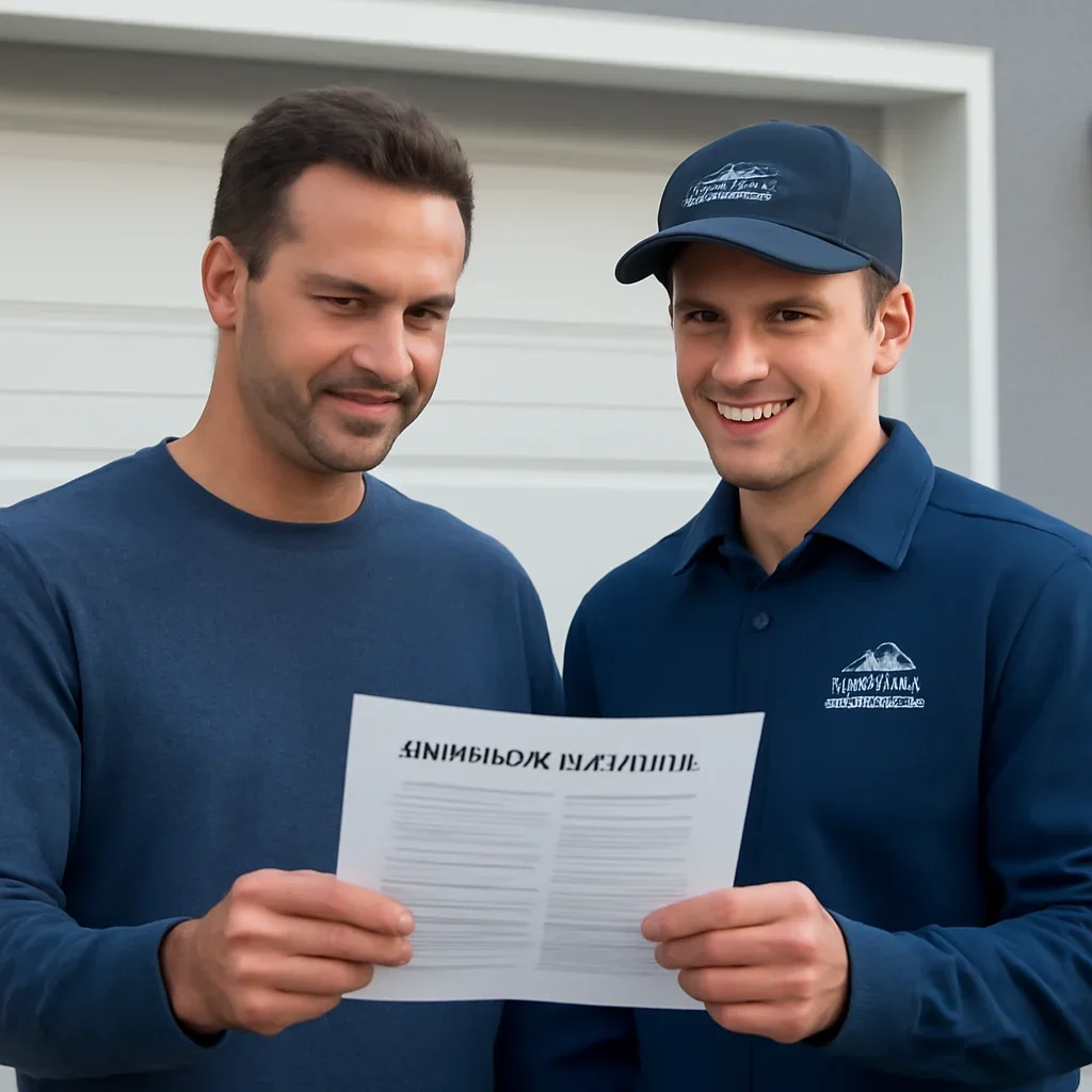 Homeowner reviewing a garage door service plan in British Columbia
