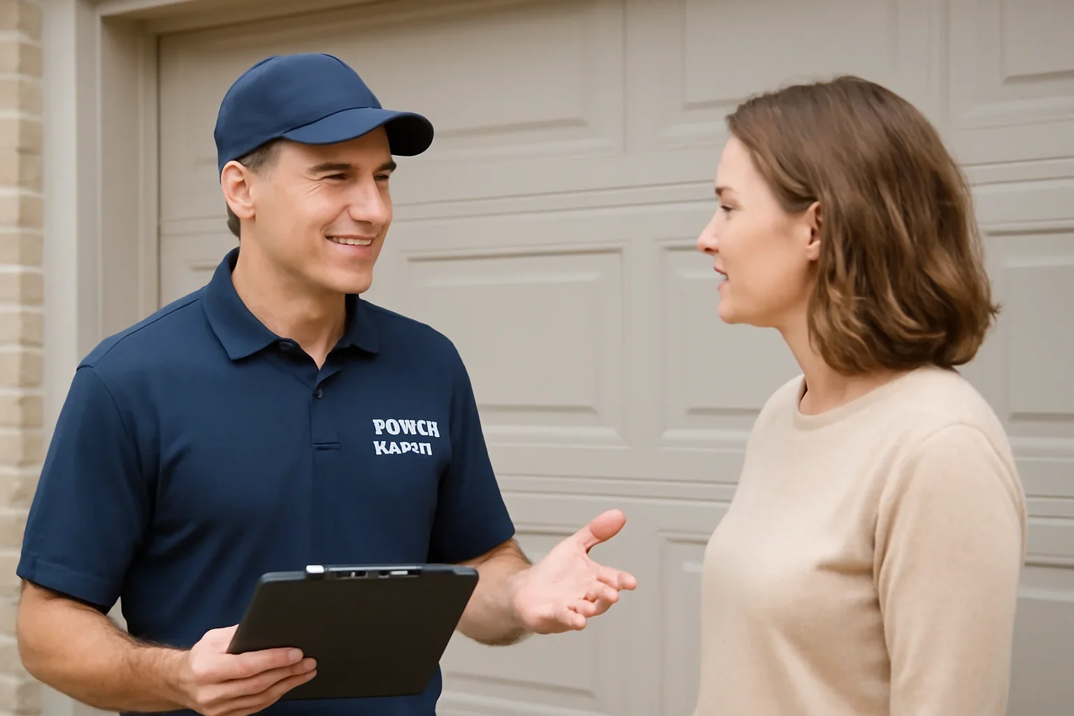 Garage door service professional explaining options clearly to a homeowner