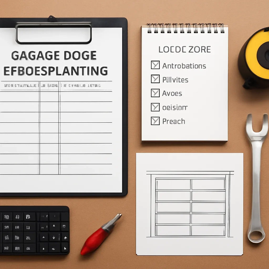 Organized garage door service planning materials and inspection notes