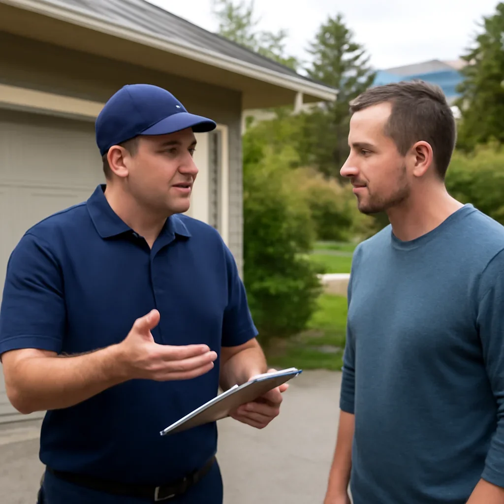 Homeowner discussing cable, roller, and track repair options in BC
