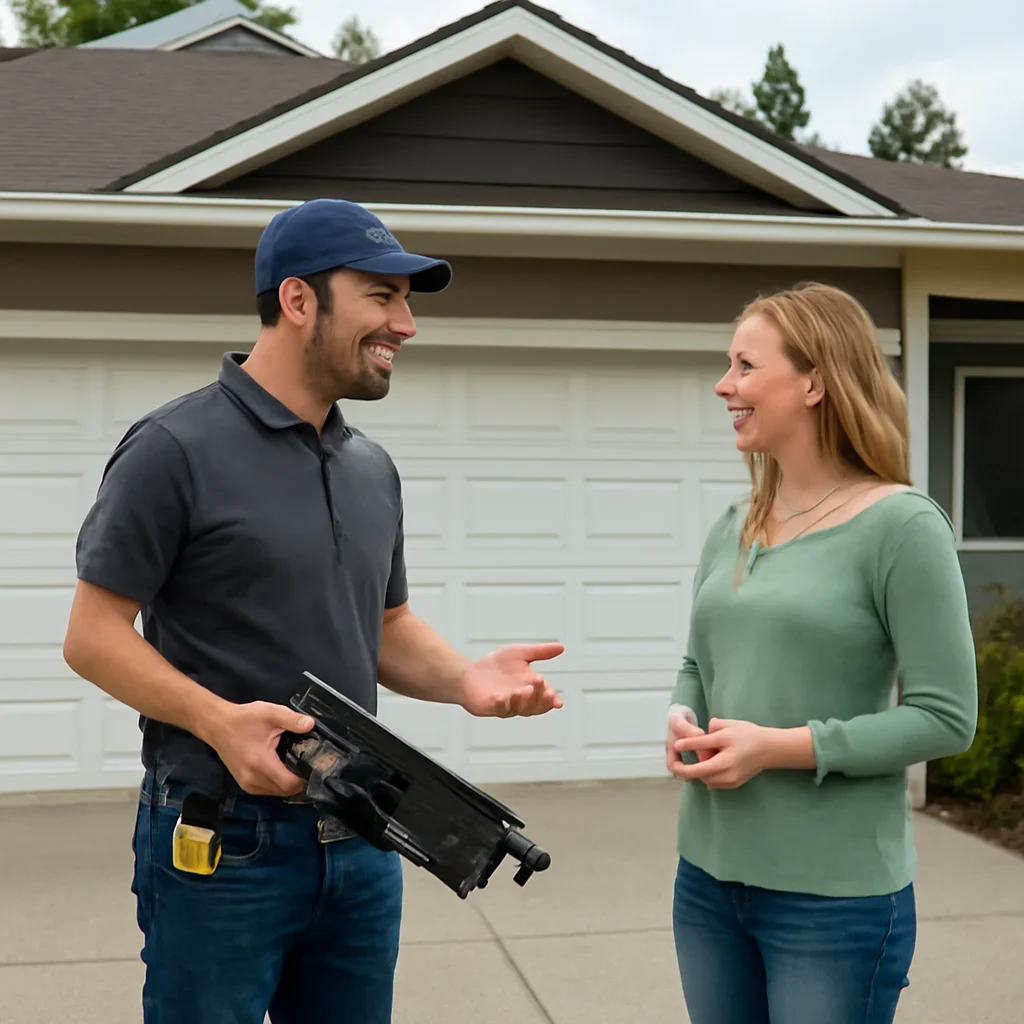 Homeowner discussing garage door opener installation options in British Columbia