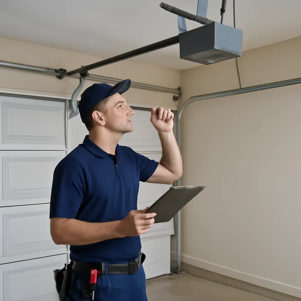 Garage door and opener components being assessed before opener installation