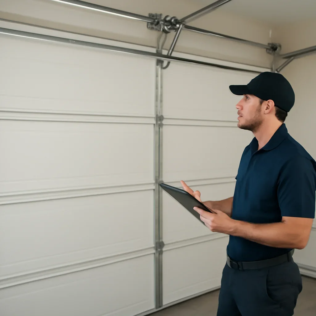 Damaged garage door section, tracks and hardware being assessed after impact