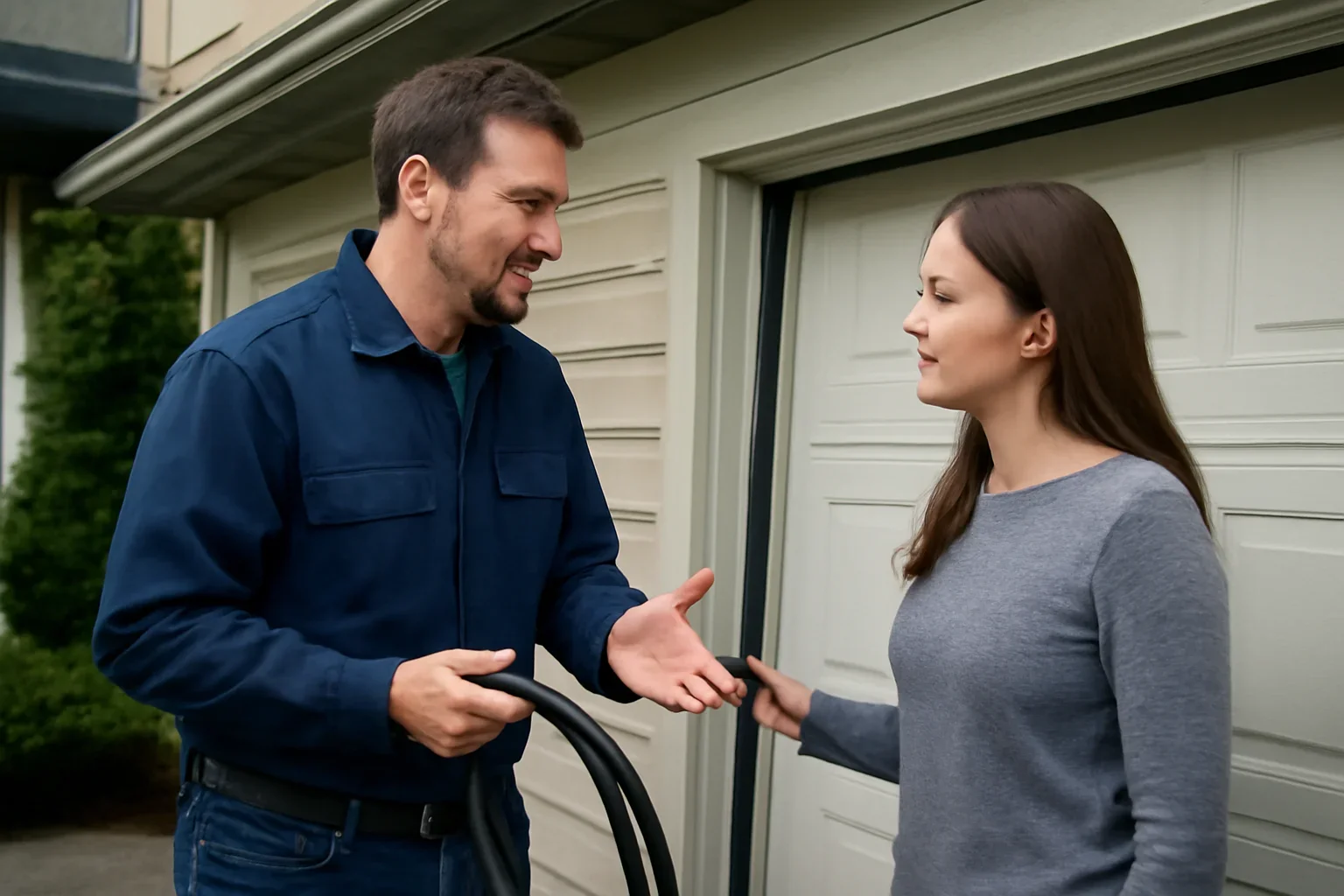 Garage door weather seal replacement consultation at a residential garage in British Columbia