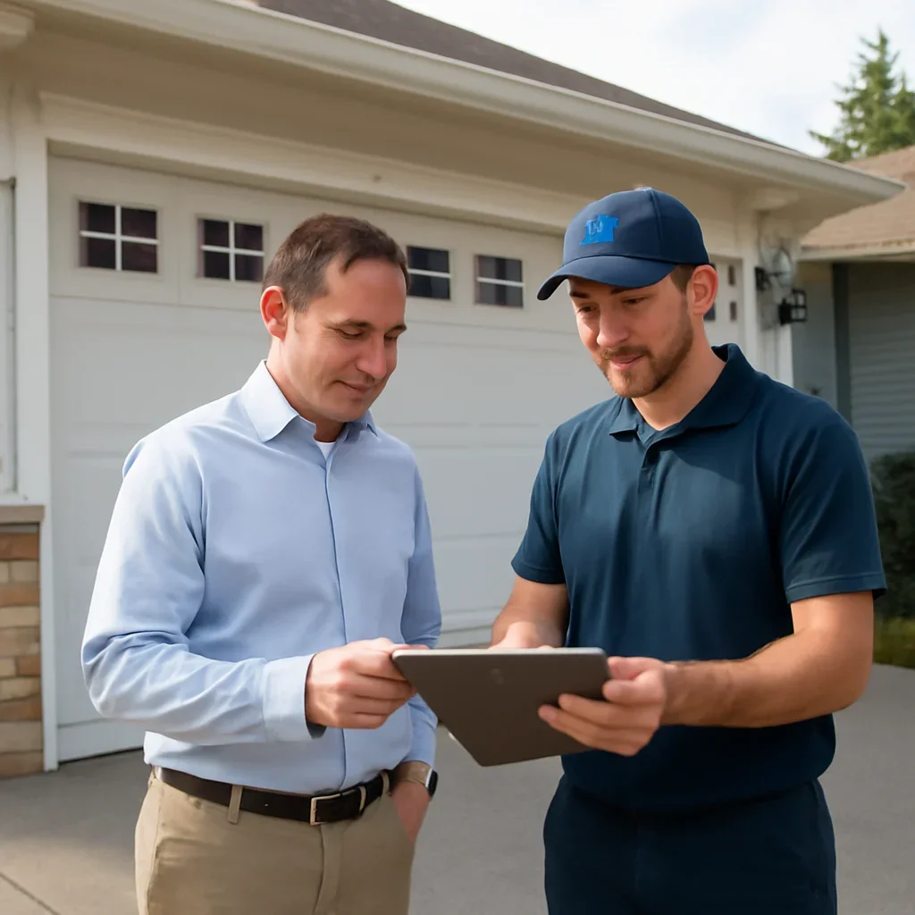 Homeowner reviewing garage door project details on a driveway in BC