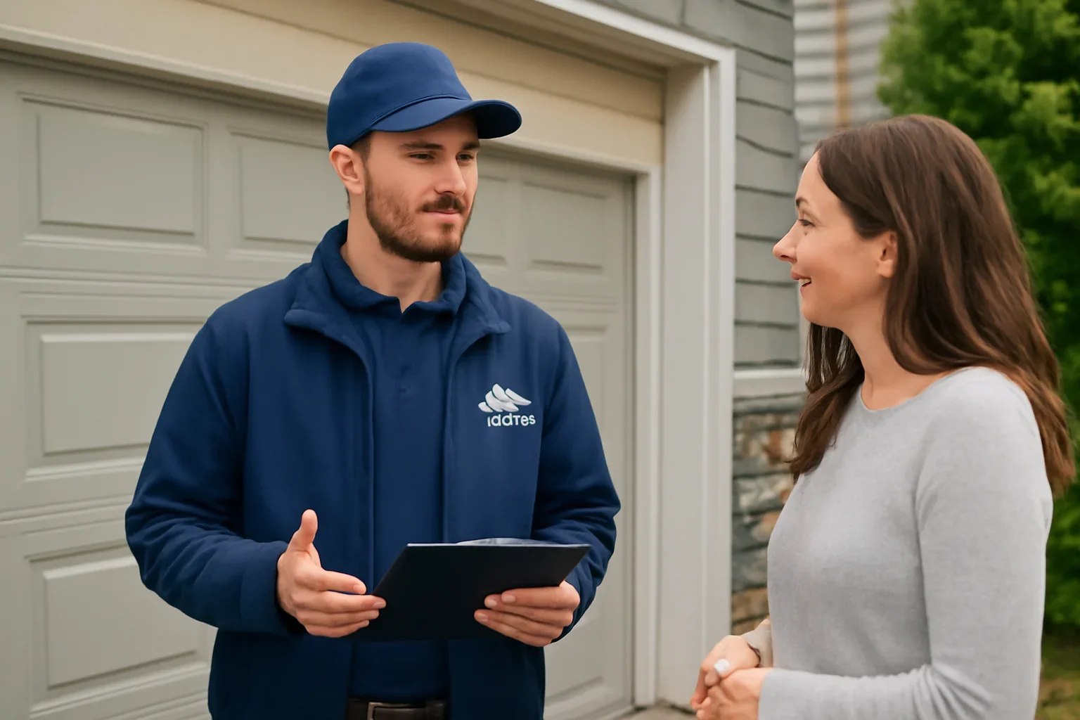 Garage door professional discussing repair and replacement options with a homeowner in BC