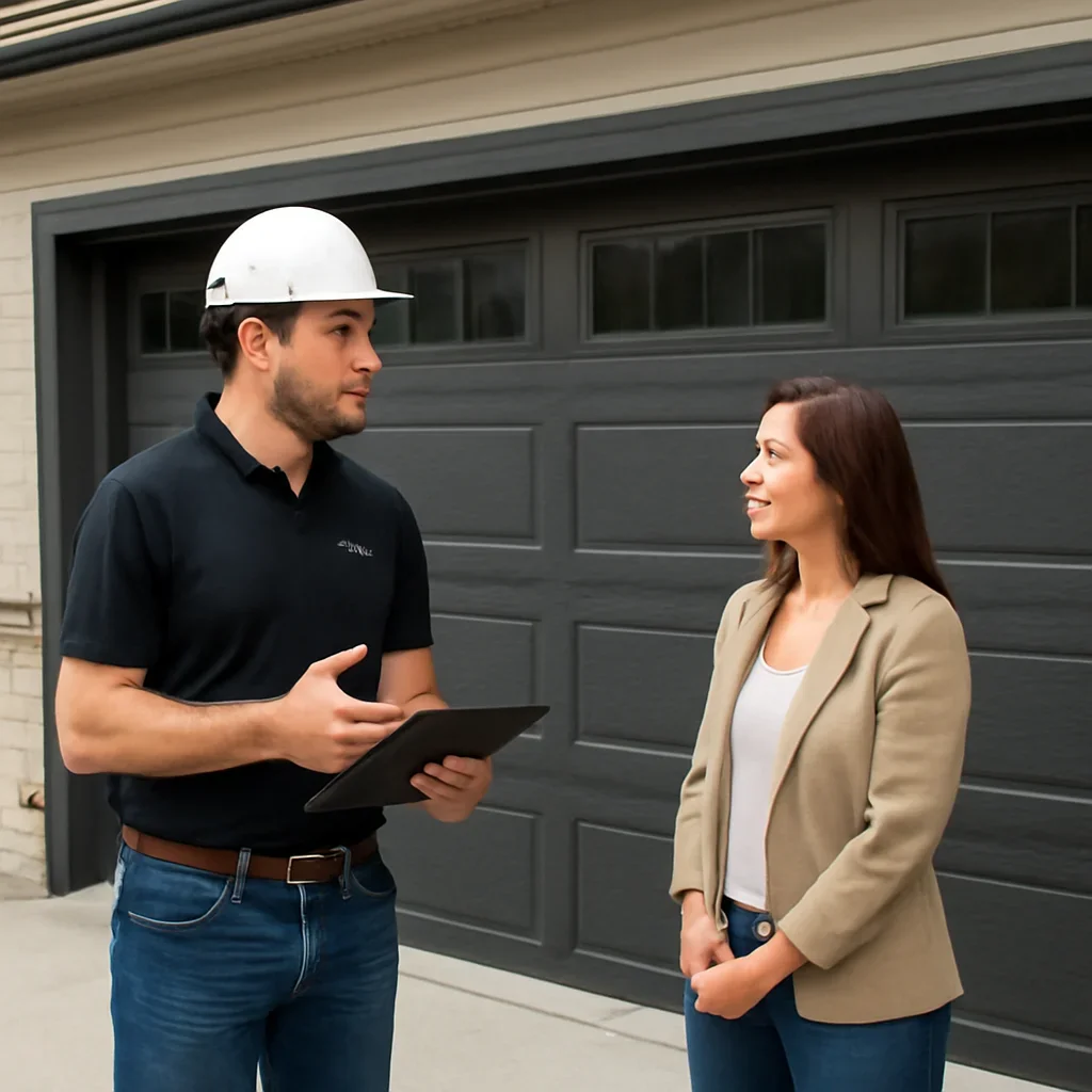Property manager reviewing garage door service scope and building access information in British Columbia