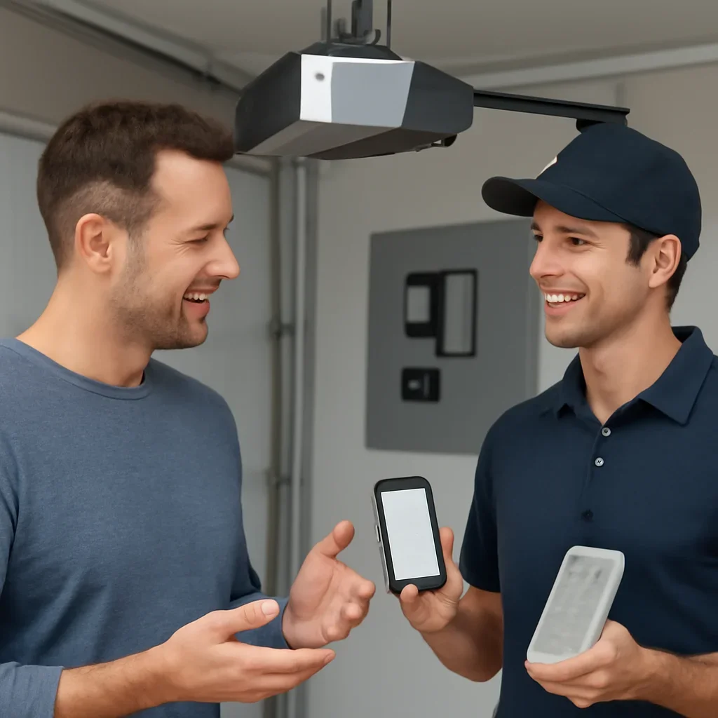 Homeowner choosing garage door opener features and accessories