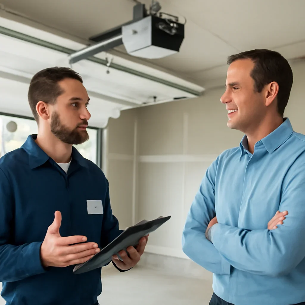Abbotsford homeowner discussing garage door opener repair requirements