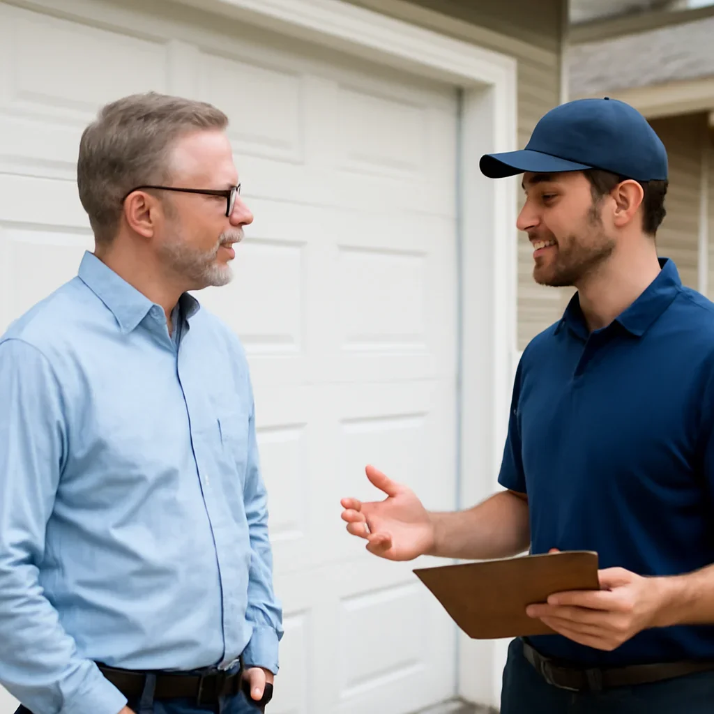 Homeowner in Burnaby discussing garage door repair needs