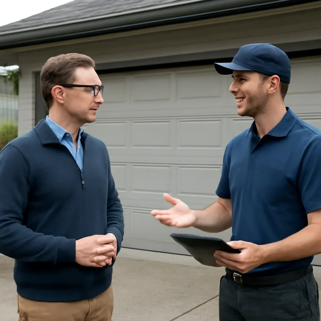 Homeowner in Burnaby discussing garage door replacement options