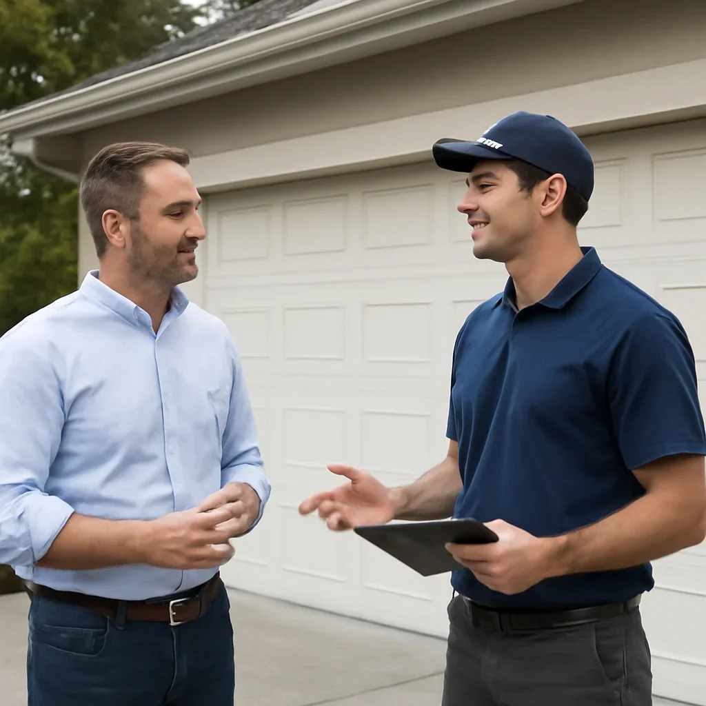 Homeowner reviewing garage door replacement options in Chilliwack