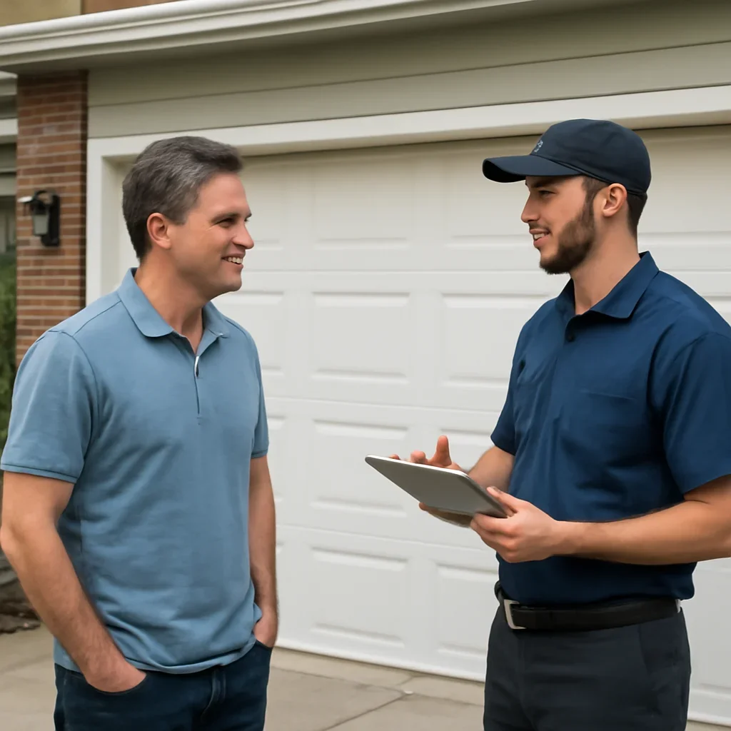 Homeowner in Coquitlam discussing garage door maintenance needs