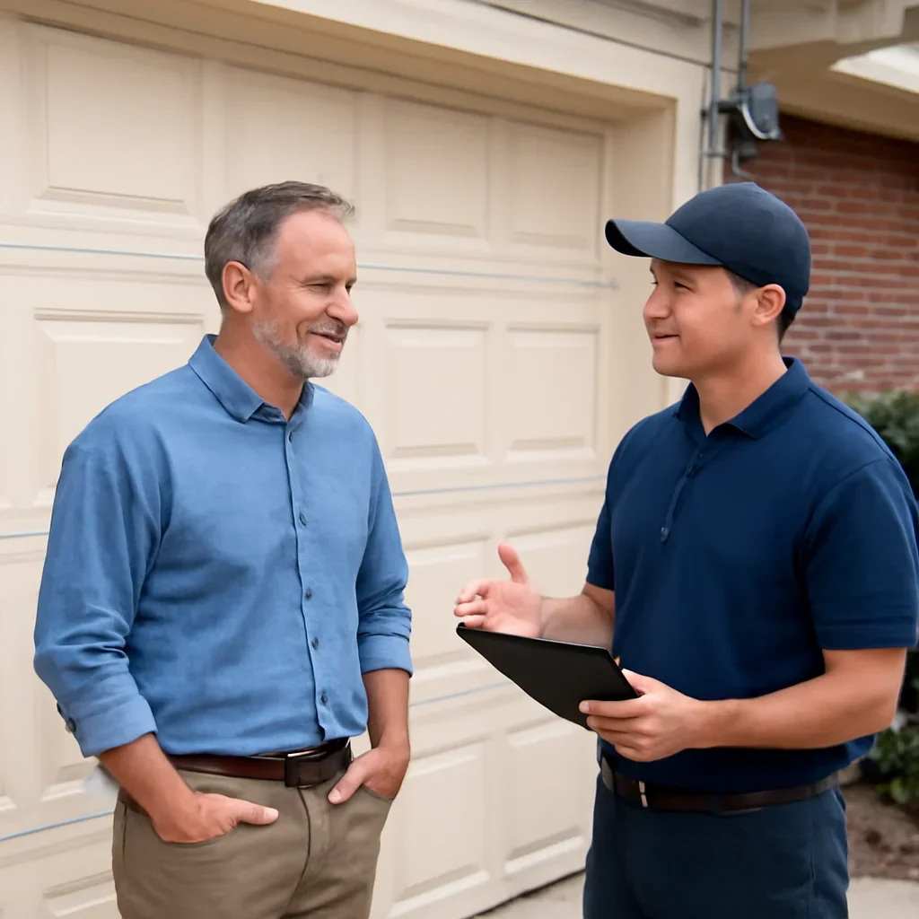 Homeowner discussing garage door maintenance needs in Delta, BC