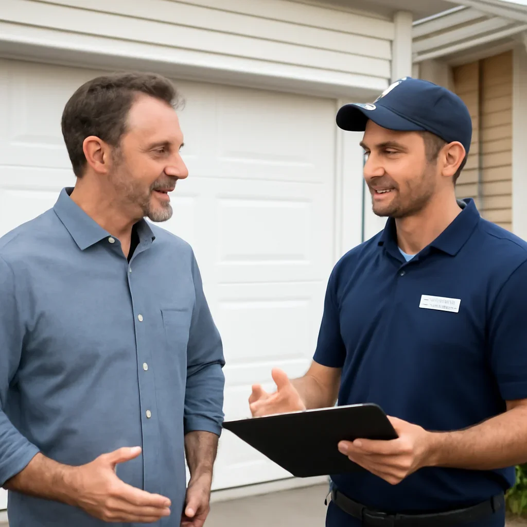 Homeowner discussing garage door opener repair requirements in Delta