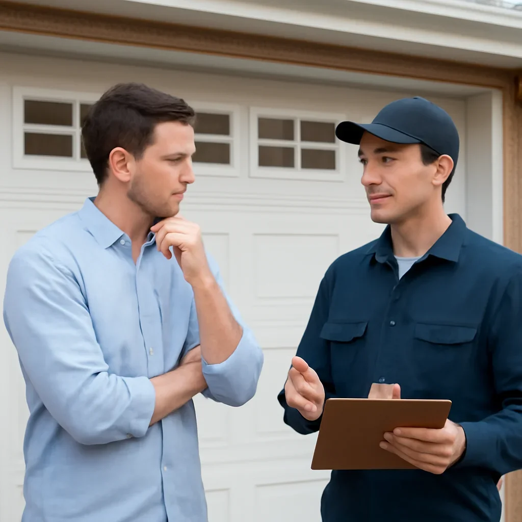 Homeowner in Delta discussing garage door repair needs