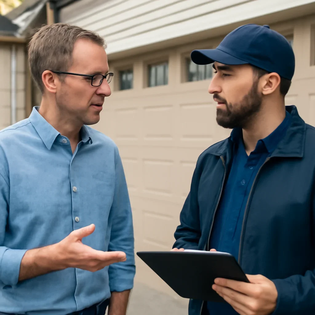 Homeowner in Langley discussing an emergency garage door repair