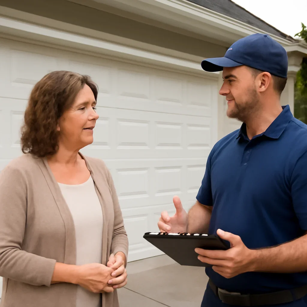 Homeowner discussing garage door maintenance needs in Langley