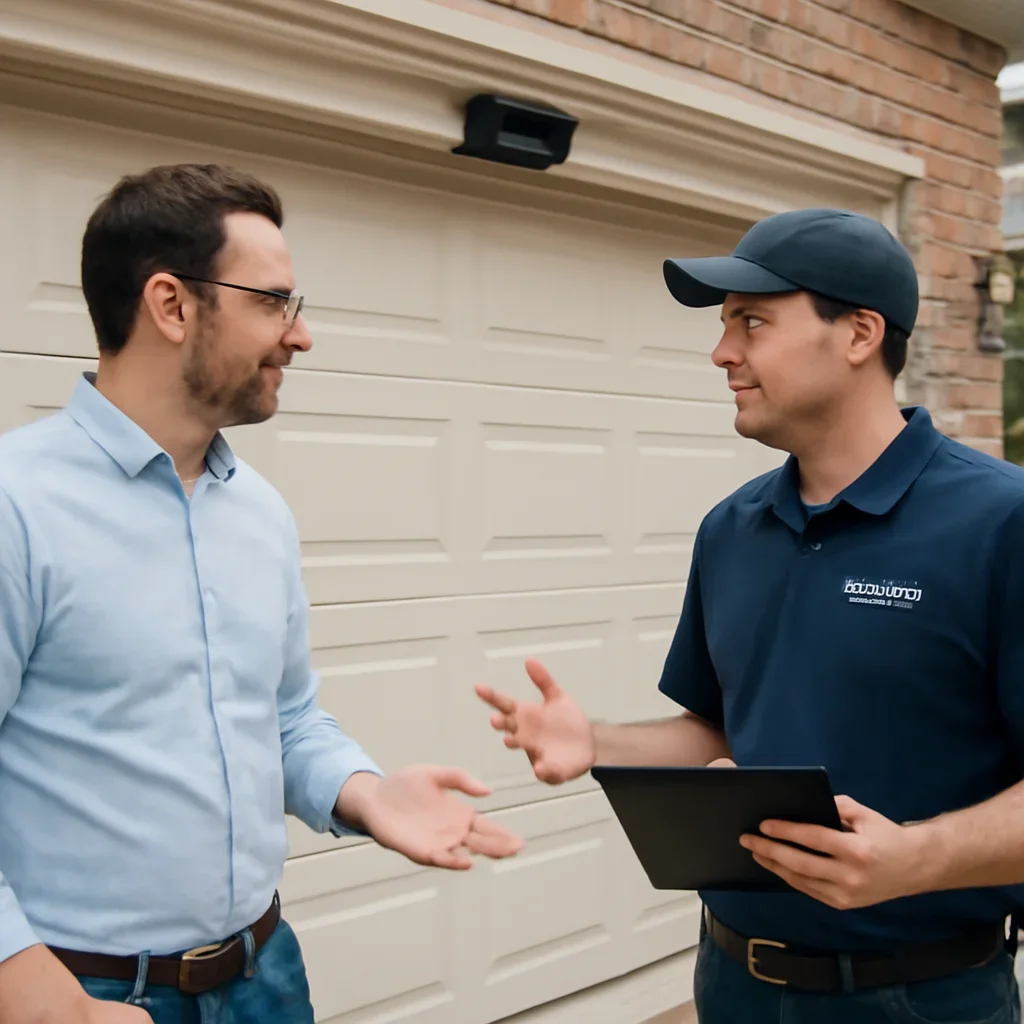 Homeowner discussing garage door opener repair needs in Langley