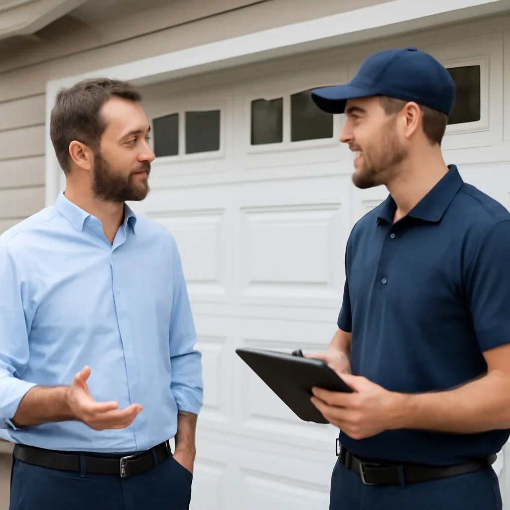 Homeowner in Langley discussing garage door repair needs