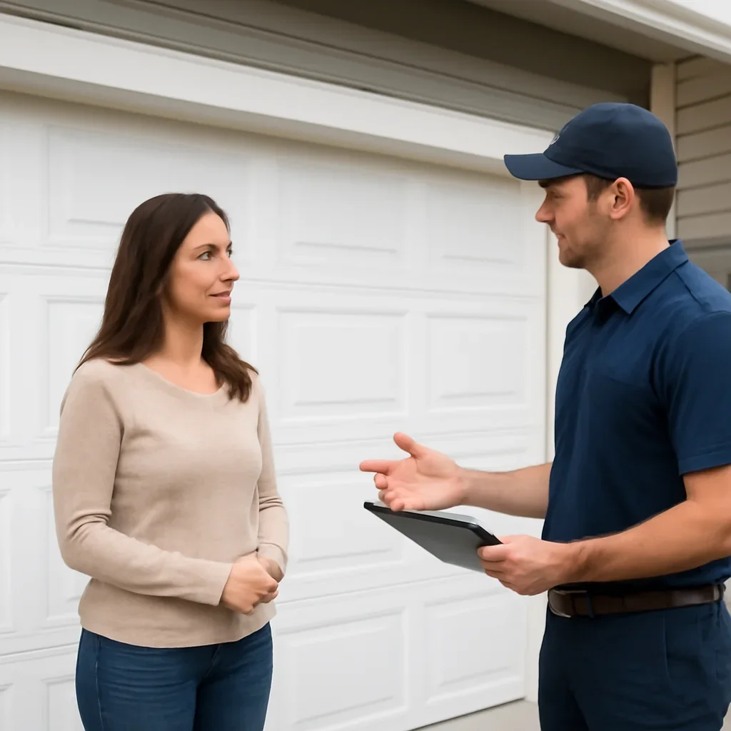 Maple Ridge homeowner discussing options for a new garage door installation