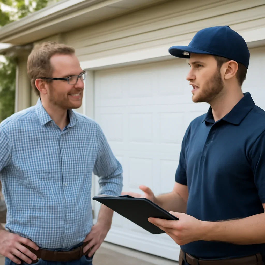 Maple Ridge homeowner discussing garage door opener repair requirements