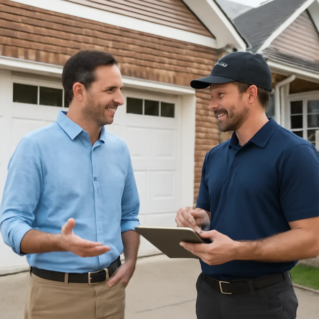 Homeowner discussing garage door repair needs in Maple Ridge BC