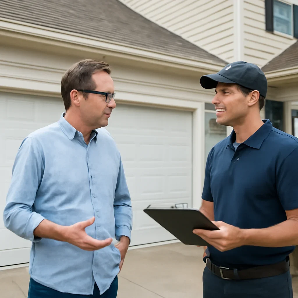 Homeowner reviewing garage door replacement options in Maple Ridge BC