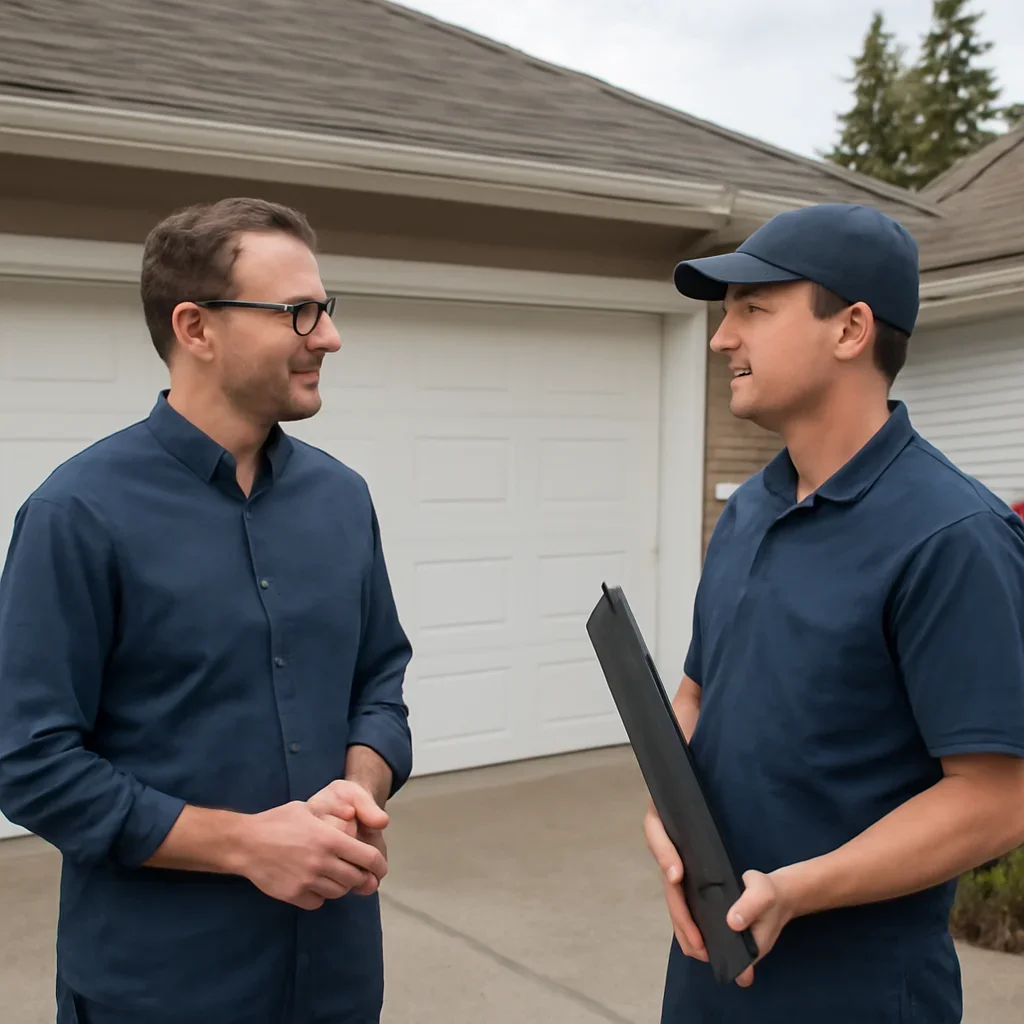 Homeowner discussing garage door spring repair in Maple Ridge BC