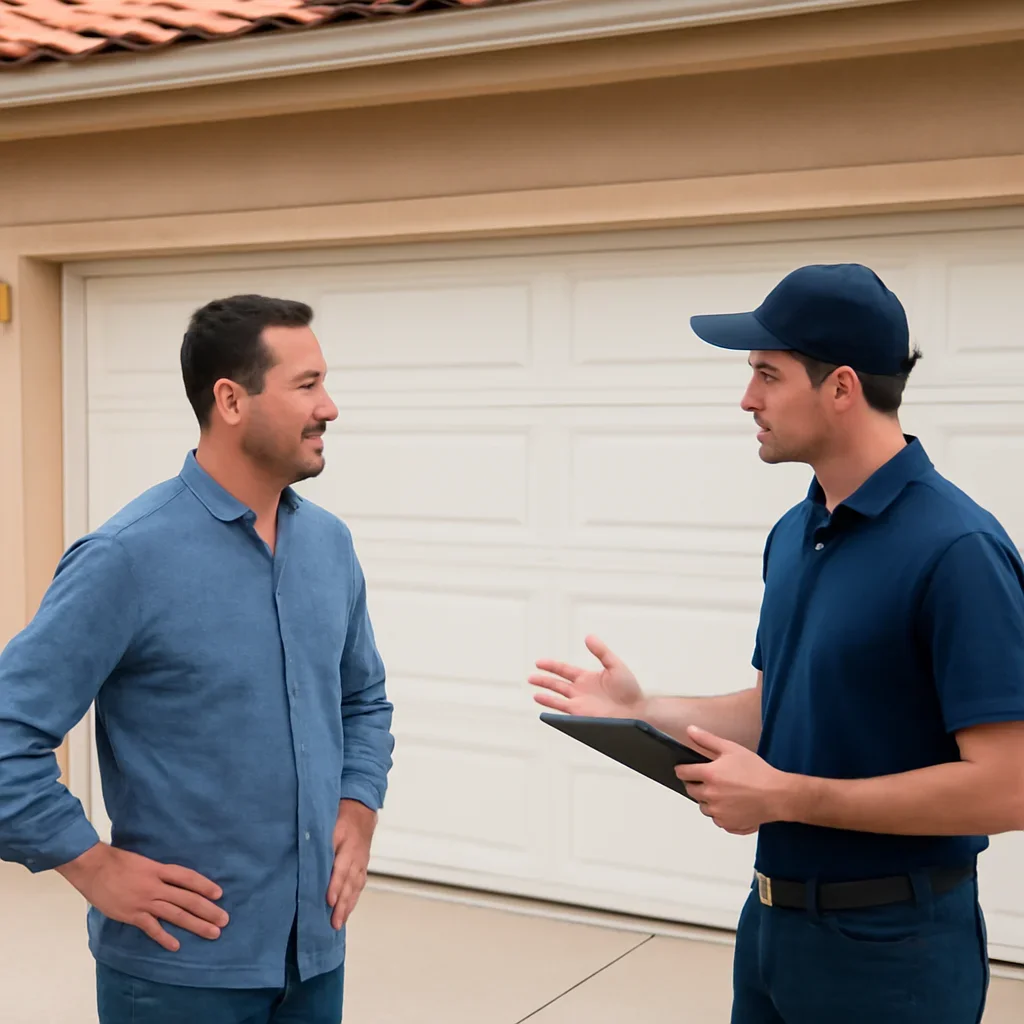 Mission homeowner discussing garage door replacement options