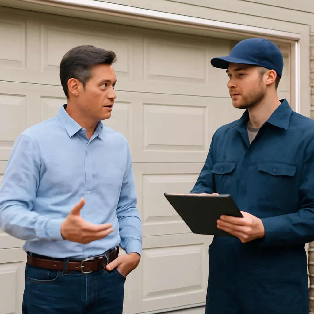 Homeowner discussing an urgent garage door repair issue in New Westminster
