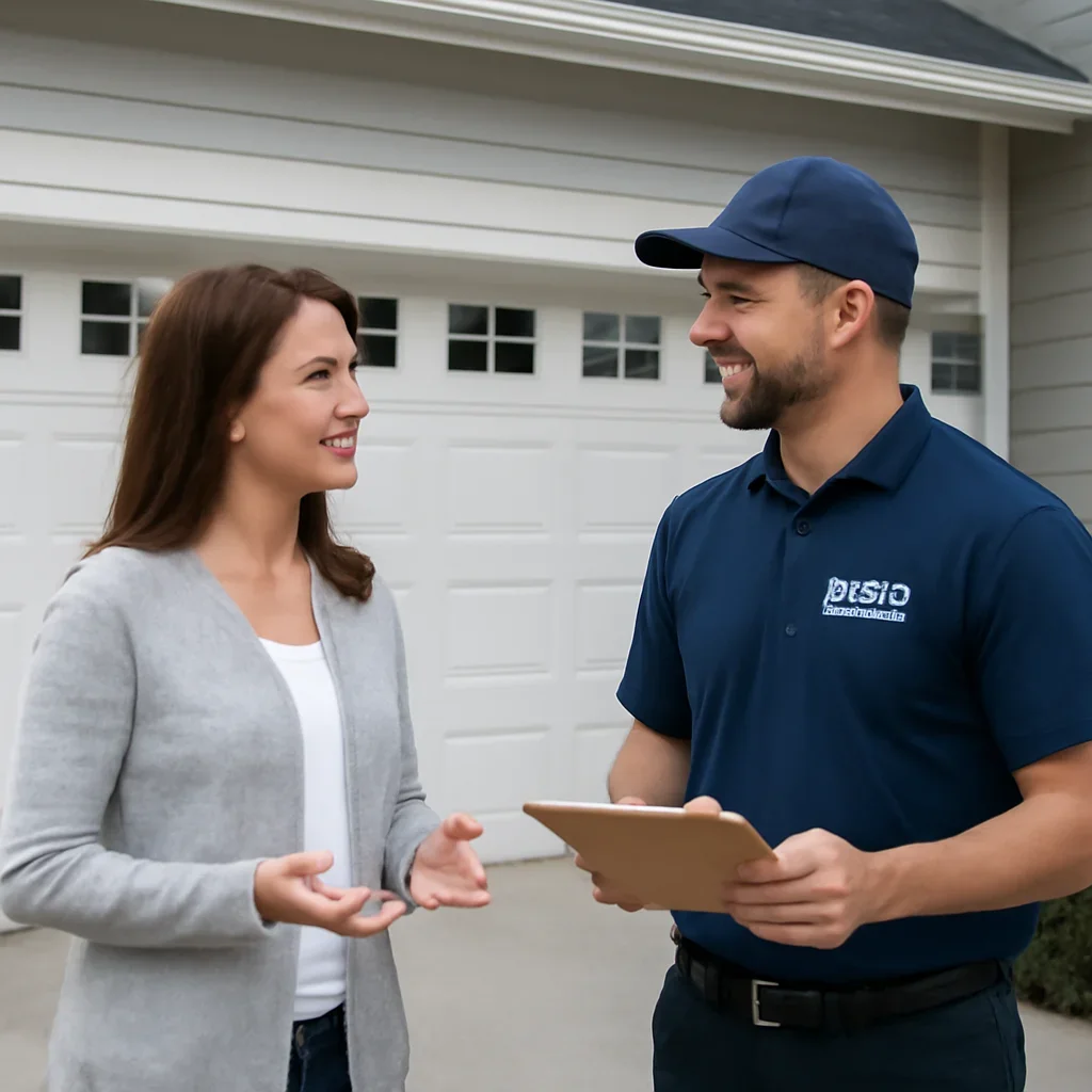 Homeowner discussing garage door installation in New Westminster