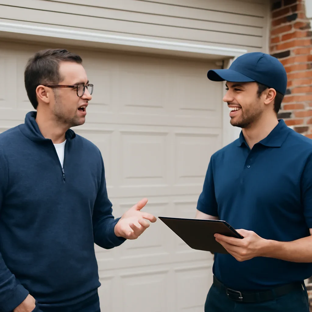 Homeowner in New Westminster discussing garage door maintenance needs