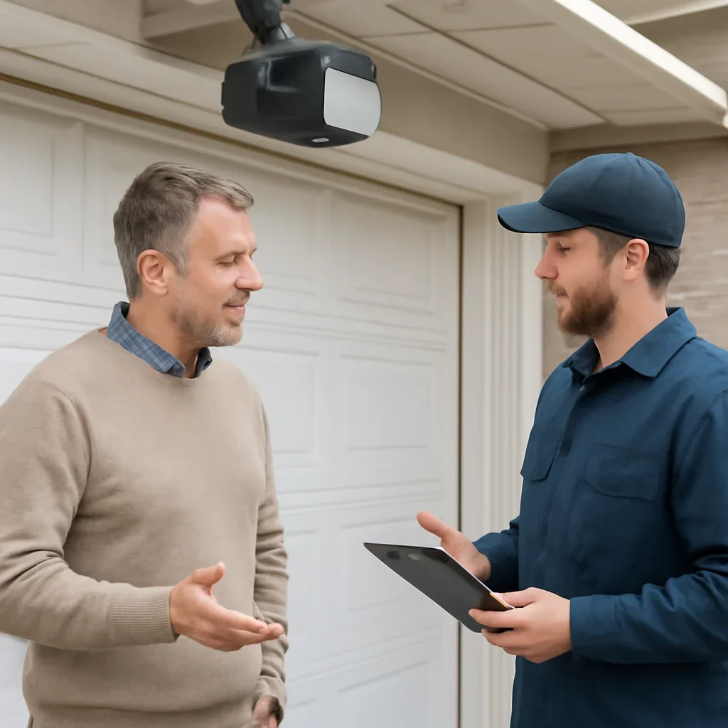 Homeowner discussing garage door opener repair in New Westminster