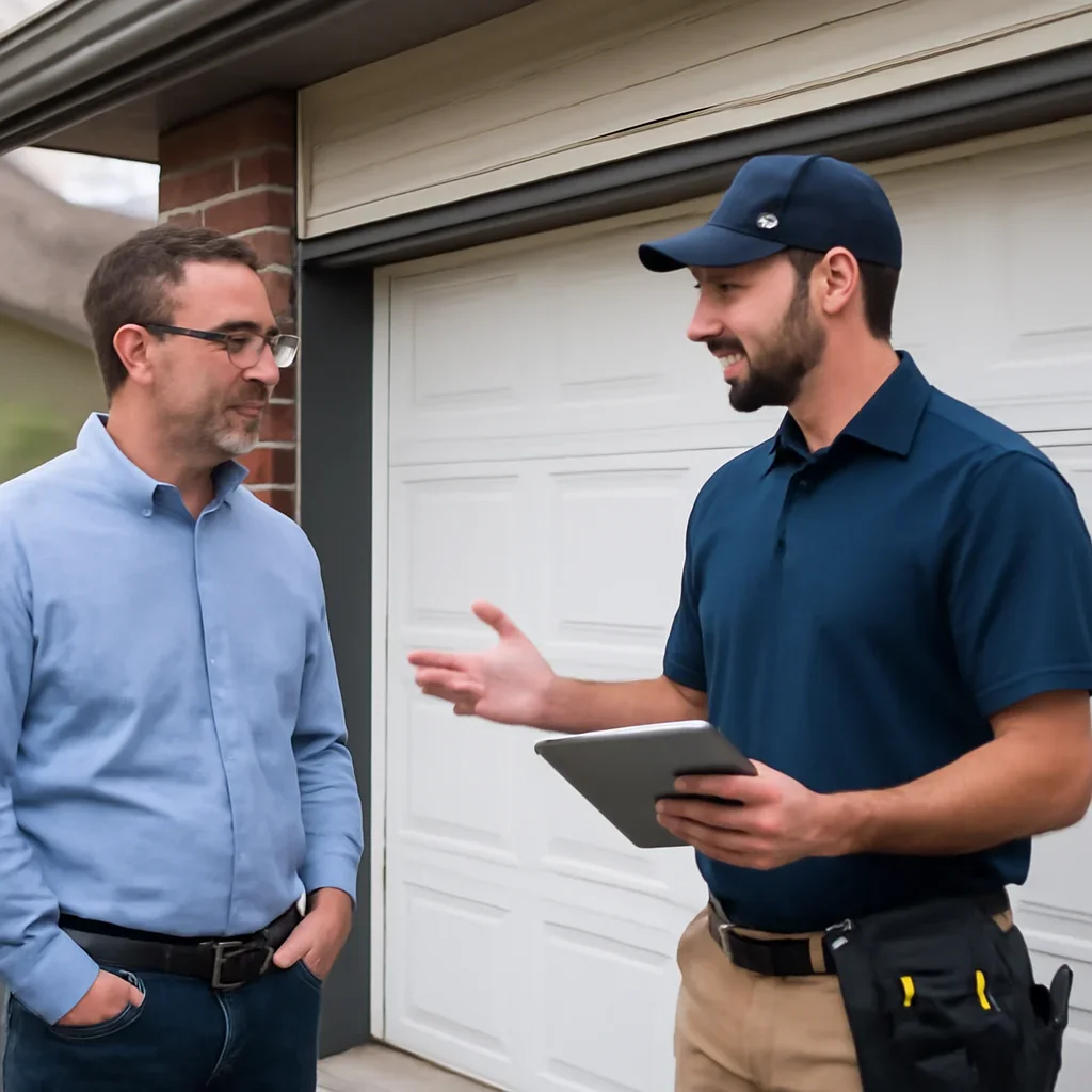 Homeowner in New Westminster discussing garage door repair needs