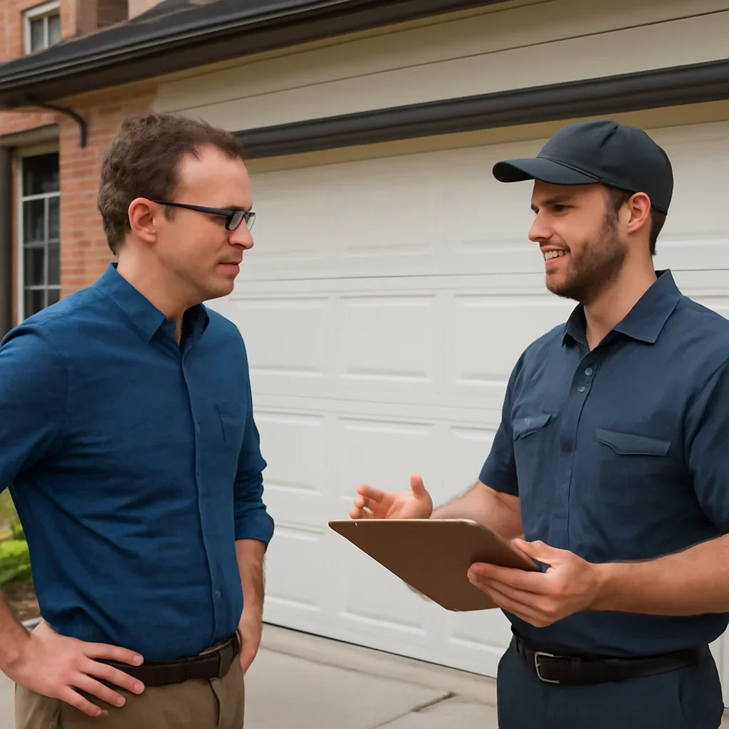 Homeowner discussing garage door replacement in New Westminster
