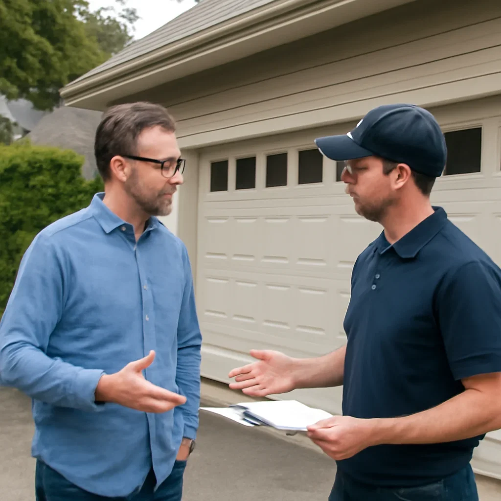 Homeowner discussing an urgent garage door repair problem in North Vancouver