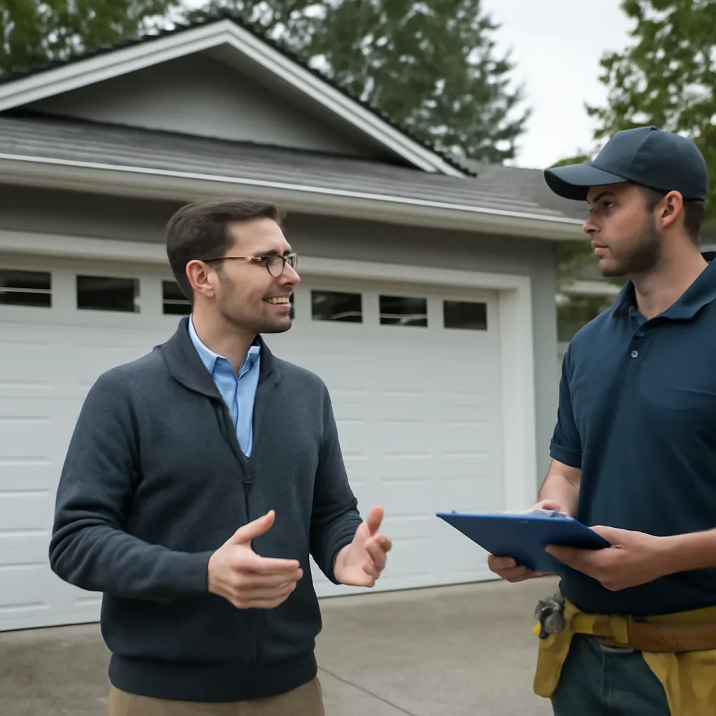 Homeowner in North Vancouver discussing garage door installation needs