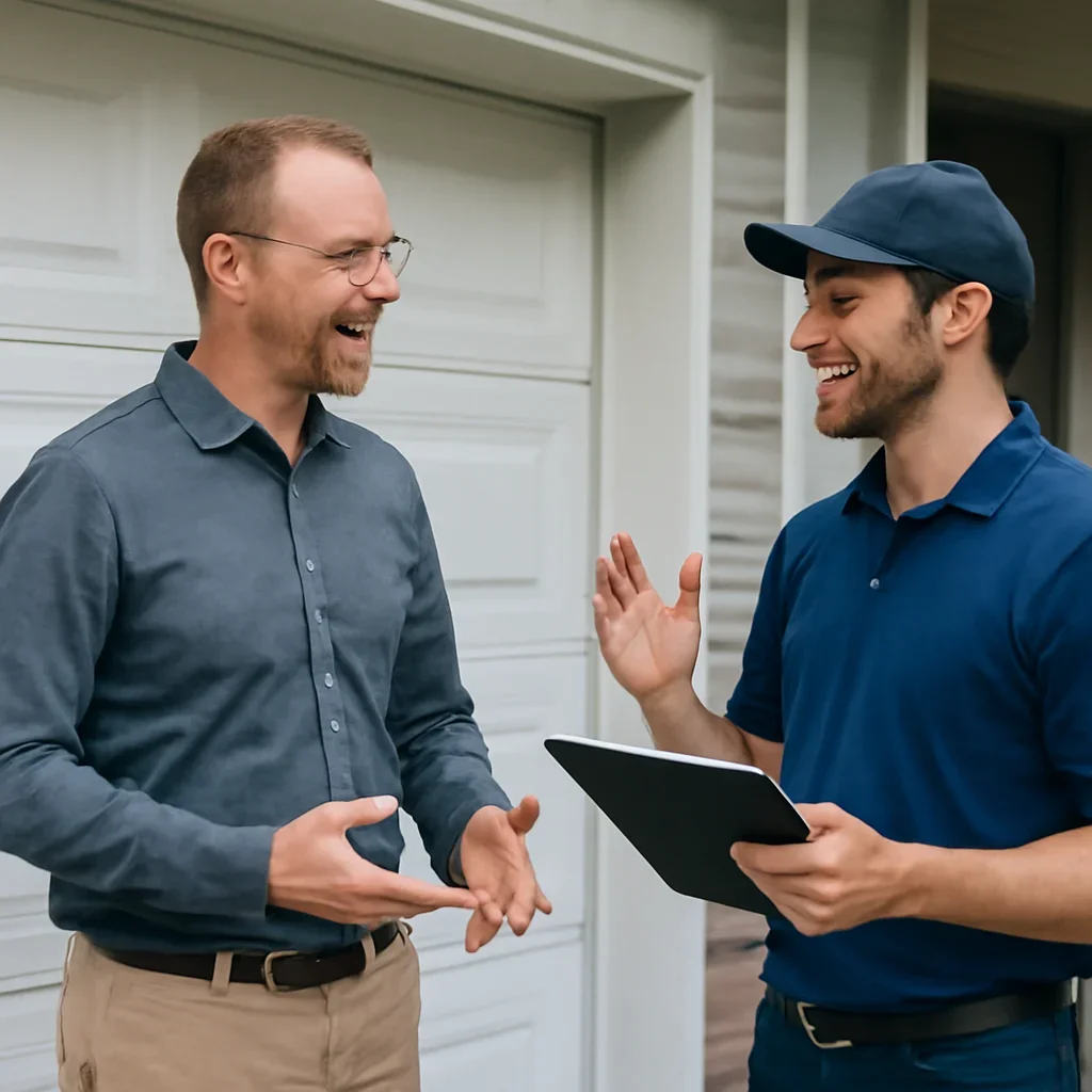 Homeowner discussing garage door repair needs in North Vancouver