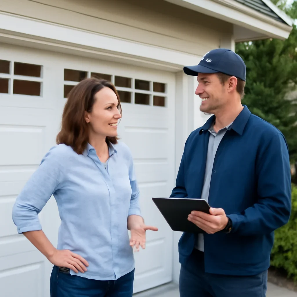 Homeowner discussing garage door replacement options in North Vancouver