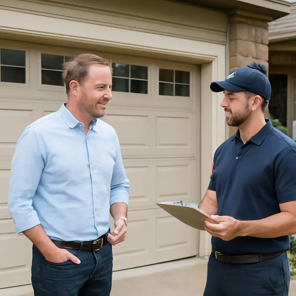 Homeowner discussing garage door repair needs in Pitt Meadows BC