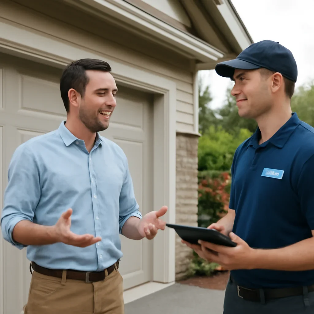 Homeowner in Port Moody discussing garage door maintenance needs